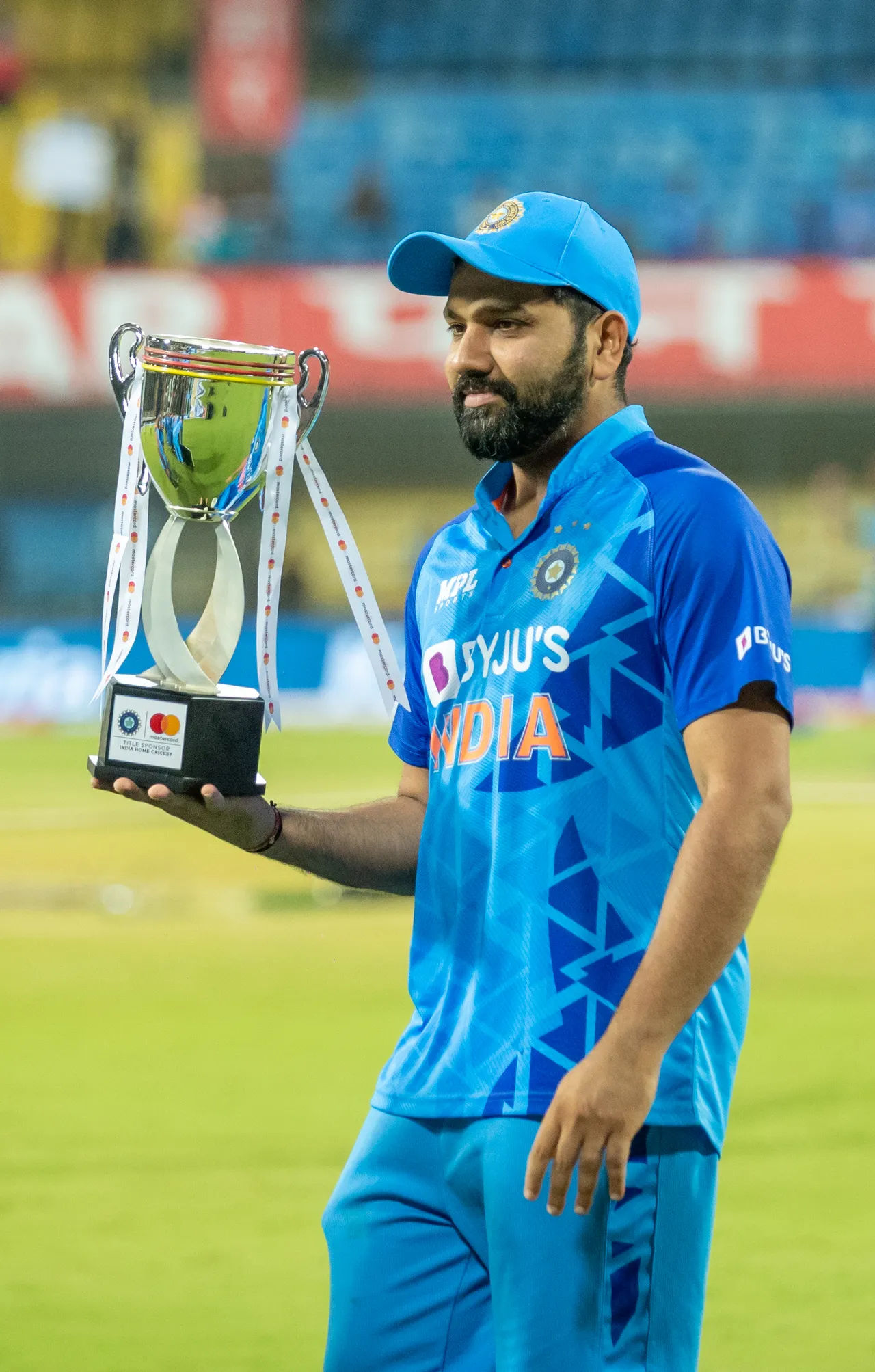 Rohit Sharma with the T20I series trophy after triumphing over South Africa 2-1
